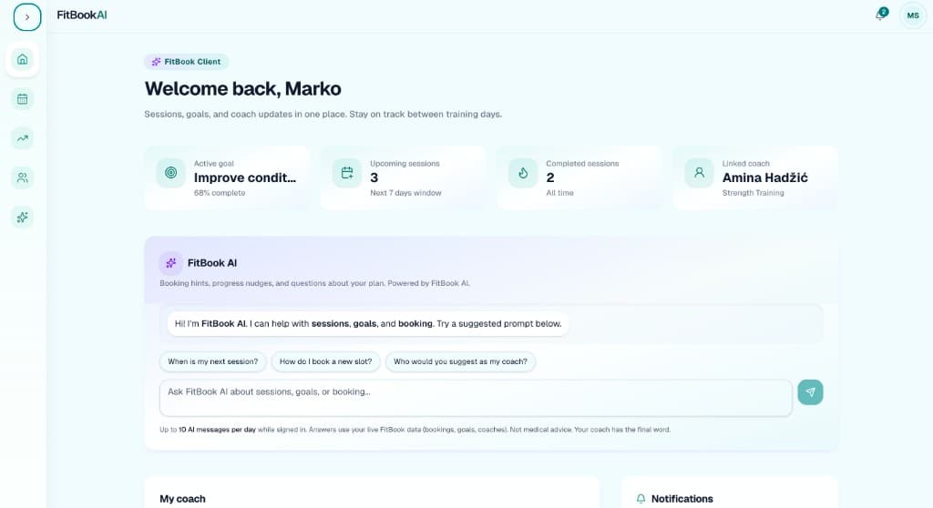 FitBook AI client home with goals, sessions, and AI assistant